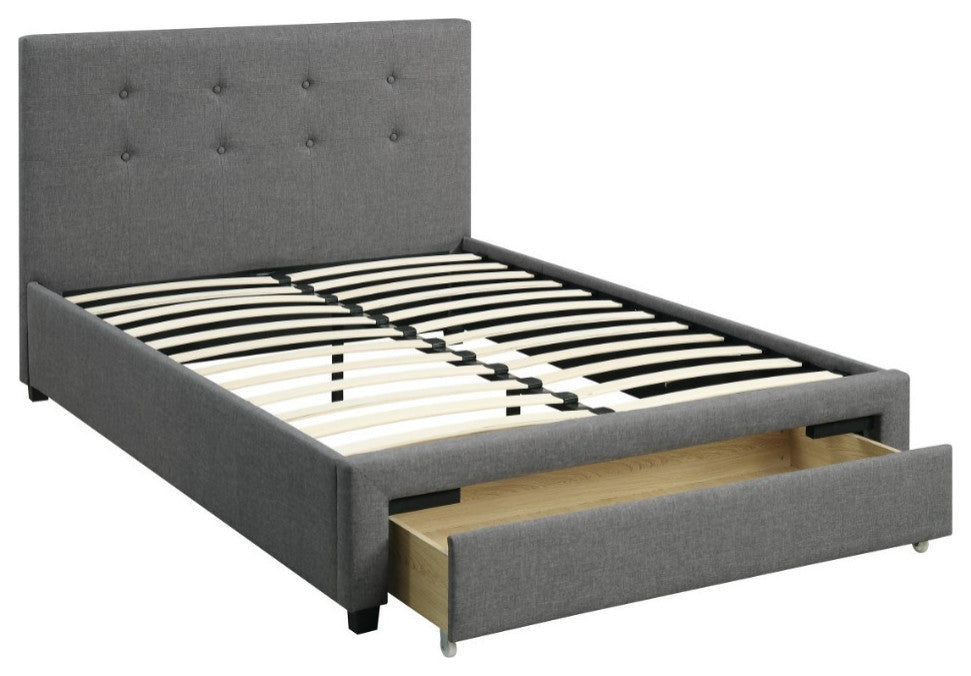 Wooden Full Bed With Button Tufted Headboard & Lower Storage Drawer Gray