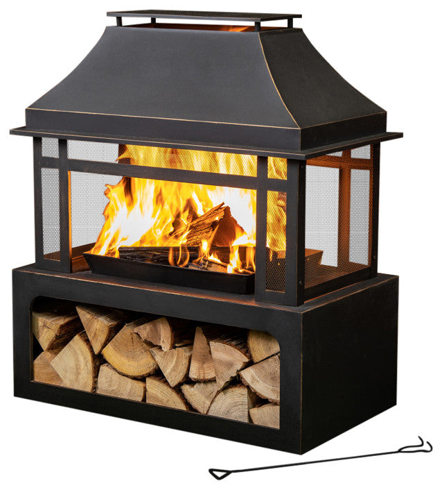 40" Rectangular Outdoor Metal Woodburning Fireplace, Log Storage