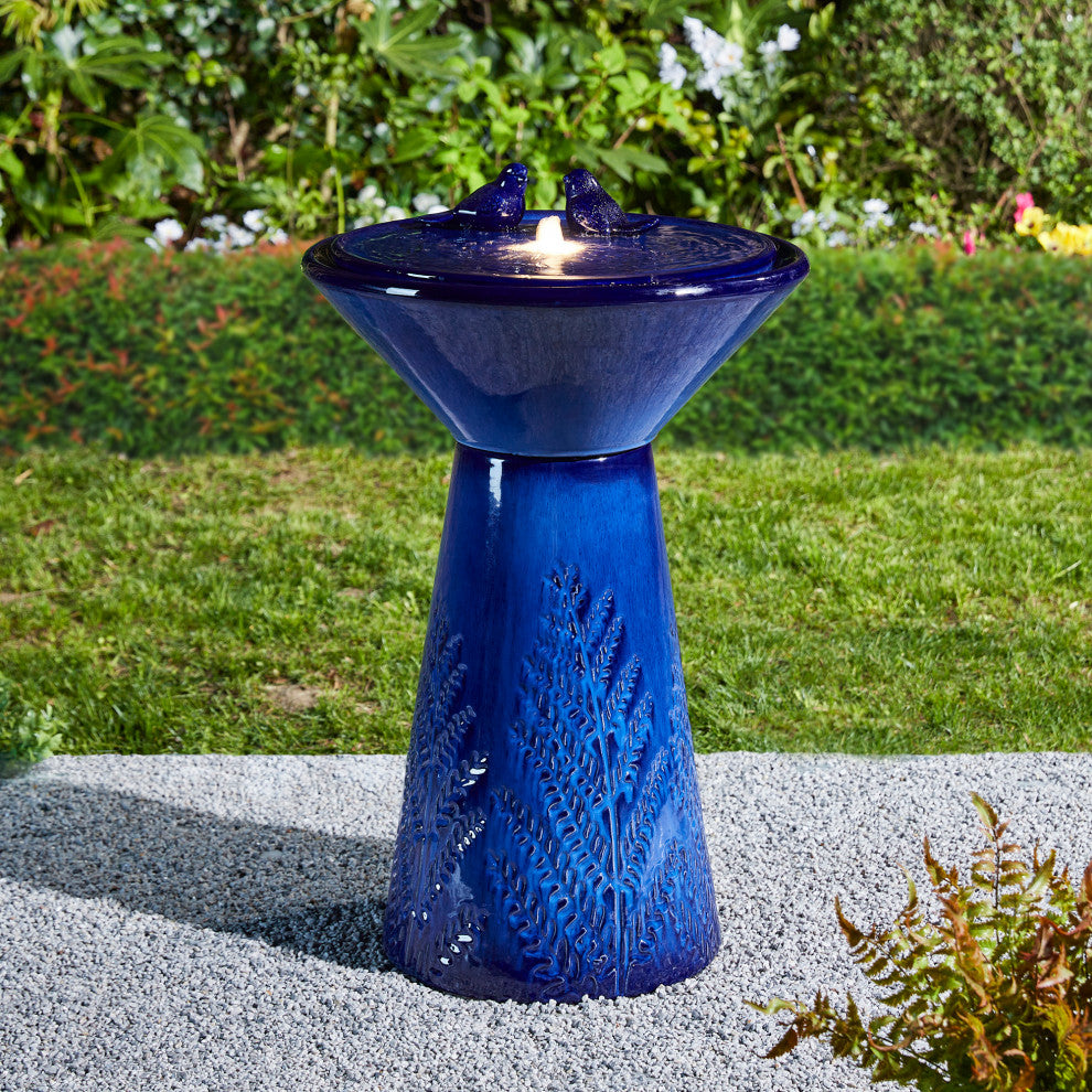Cobalt Plant Pattern Pedestal Ceramic Fountain