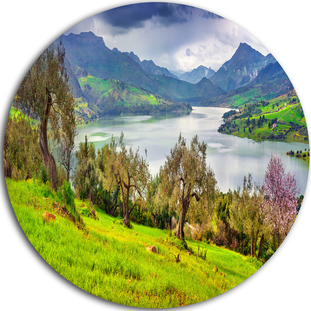 Lake Rosamarina Panorama, Landscape Photo Round Metal Wall Art, 23"