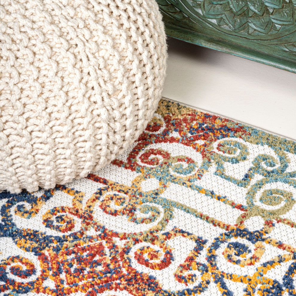 Cetara Ornate Trellis Indoor/Outdoor Area Rug, Cream/Blue/Orange, 2 X 8