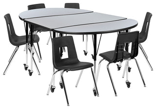 76" Oval Wave Flexible Laminate Activity Table Set 18" Student Stack Chairs Gray
