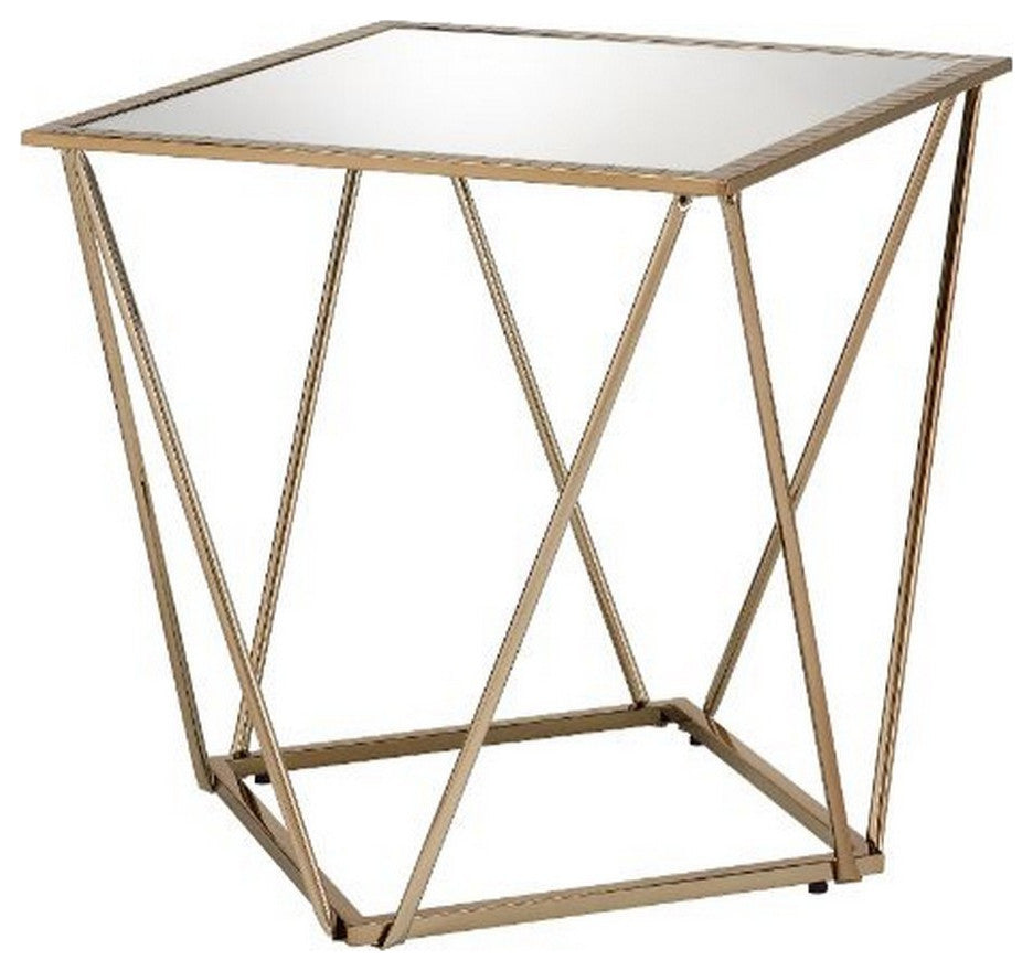 Benzara BM250672 End Table With Mirror Top/Open Geometric Base, Champagne Gold