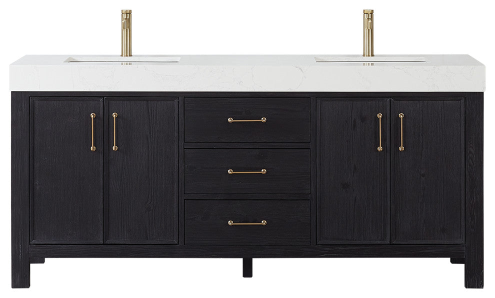 Leon Bath Vanity With Composite Stone Top, Fir Wood Black, 72", No Mirror