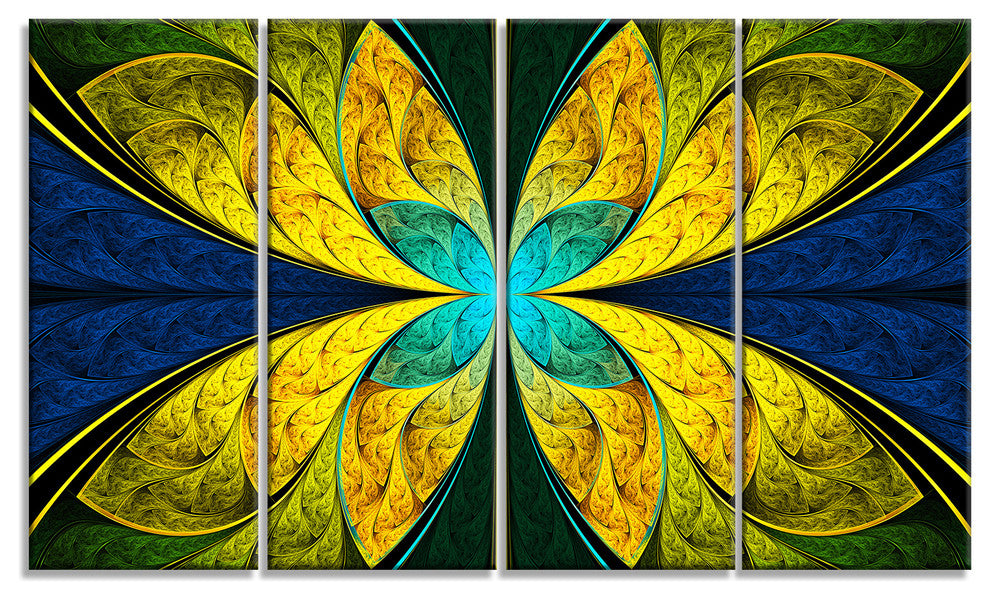 Bright Yellow Blue Fractal Flower, Floral Canvas Art Print, 48"x28", 4 Panels