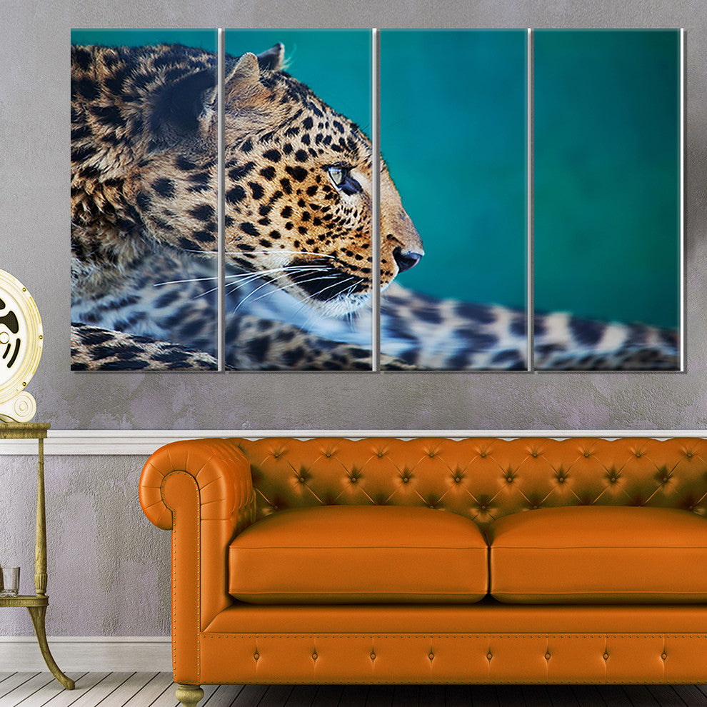 Vigilant Leopard Close Up View, African Canvas Print, 48"x28", 4 Panels