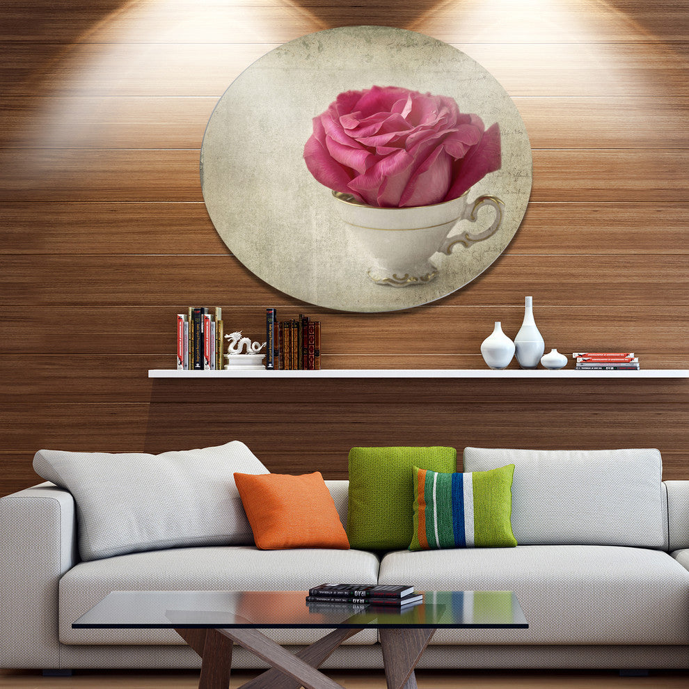 Red Rose In Cup Photography, Floral Large Disc Metal Wall Art, 36"