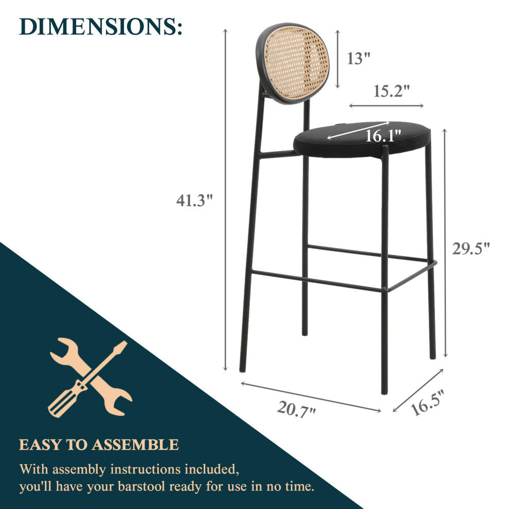 LeisureMod Euston Wicker Bar Stool With Black Steel Frame and Footrest, Black