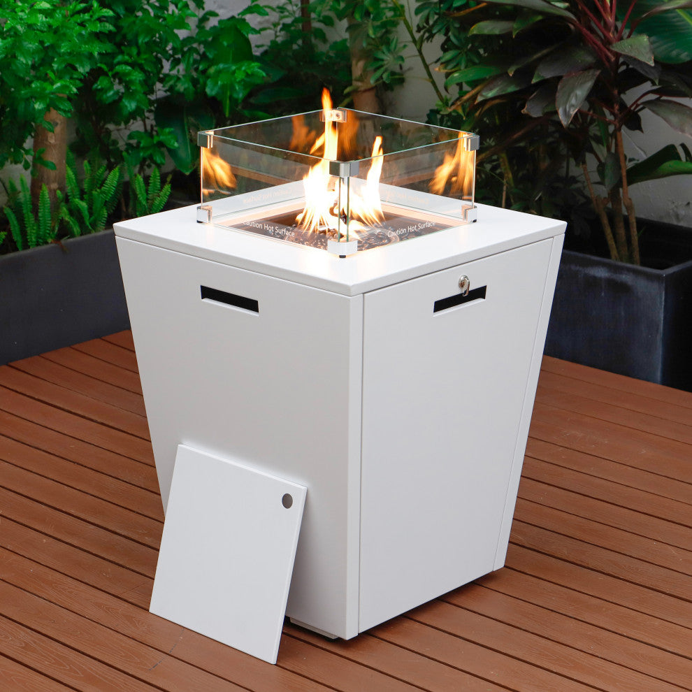 LeisureMod Marlin White Patio Chaise Lounge Chair with Fire Pit Table, Dark Gray