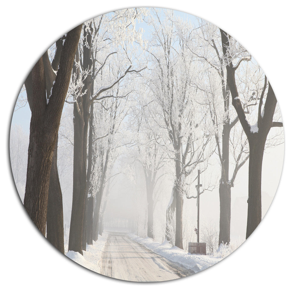 Misty Rural Road In Winter Forest, Forest Disc Metal Wall Art, 11"