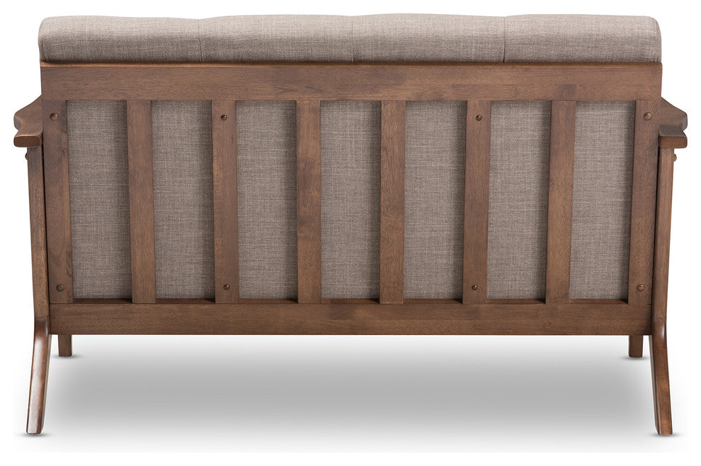 Bianca Mid-Century Modern Walnut Wood Light Gray Tufted 2-Seater Loveseat