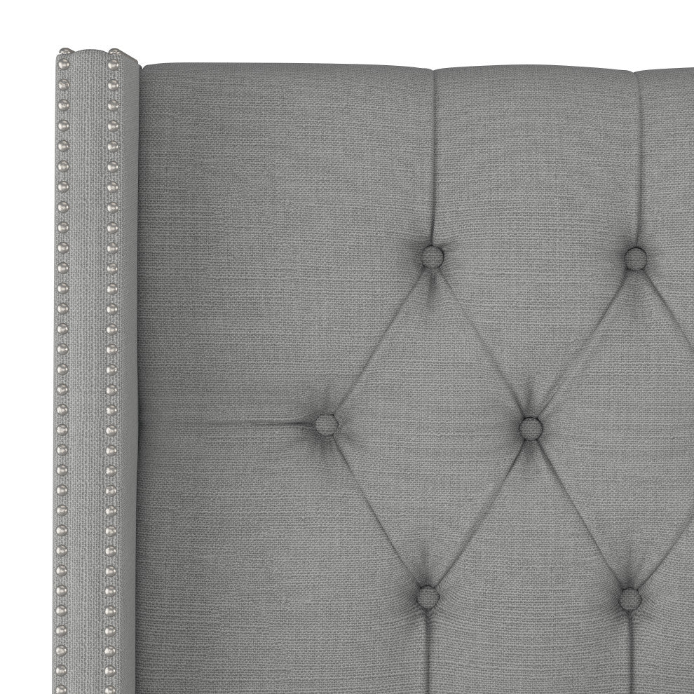 Monarch Twin Diamond Nailbutton Wingback Headboard, Linen Gray