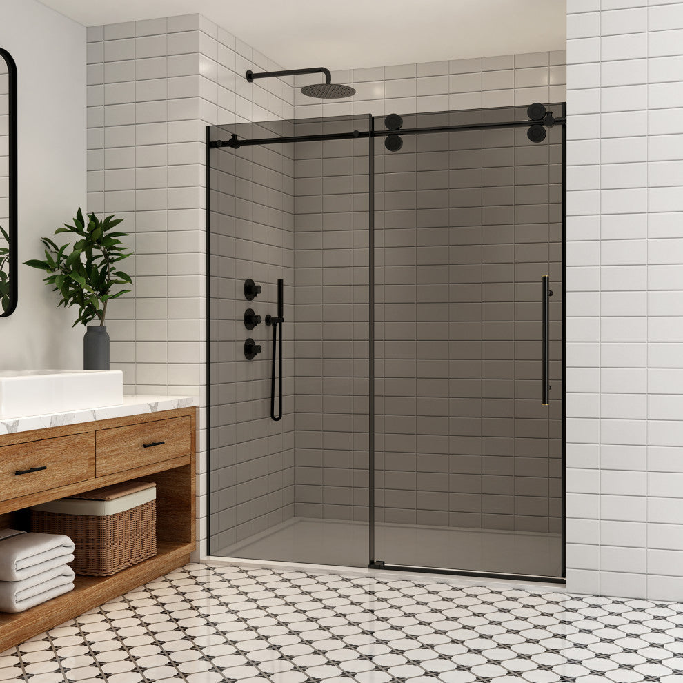 Echarri Single Sliding Frameless Shower Door, Tinted Glass, Matte Black, 68" W X 78"h