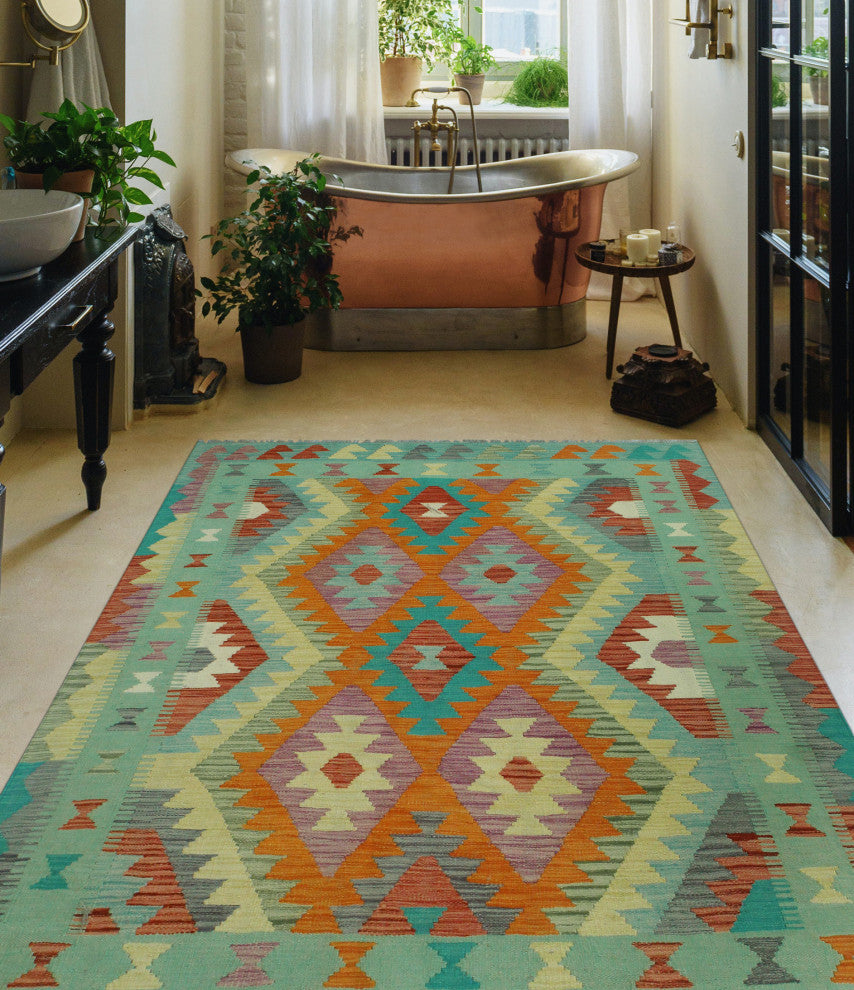 Sangat Flatweave Harry Green/Orange Rug, 4'9 x 6'6