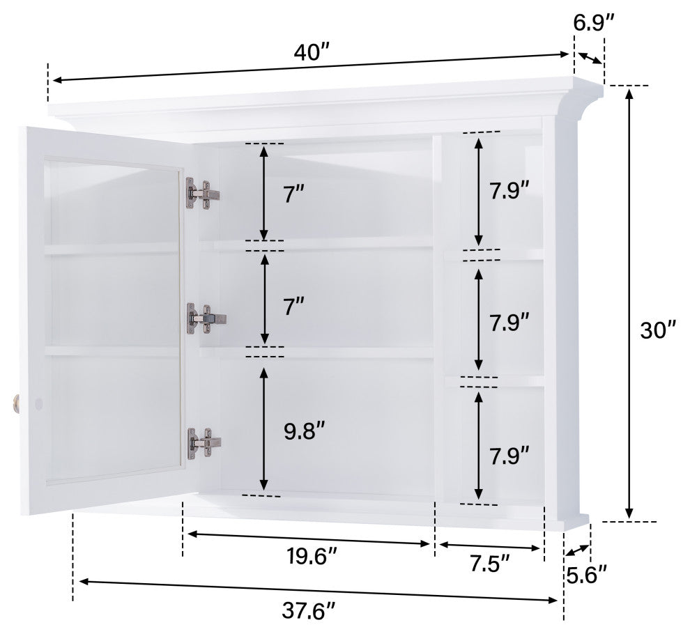 Handmade Solid Wood Medicine Cabinet with Ample Storage Space in White, 40"x30" Left Open Single Door