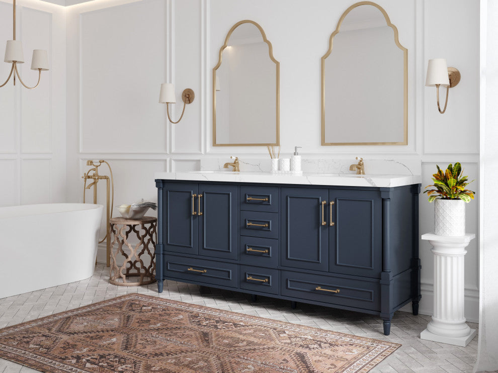 Aberdeen 72 Double Sink Bath Vanity Hale Navy Blue 2" White Quartz
