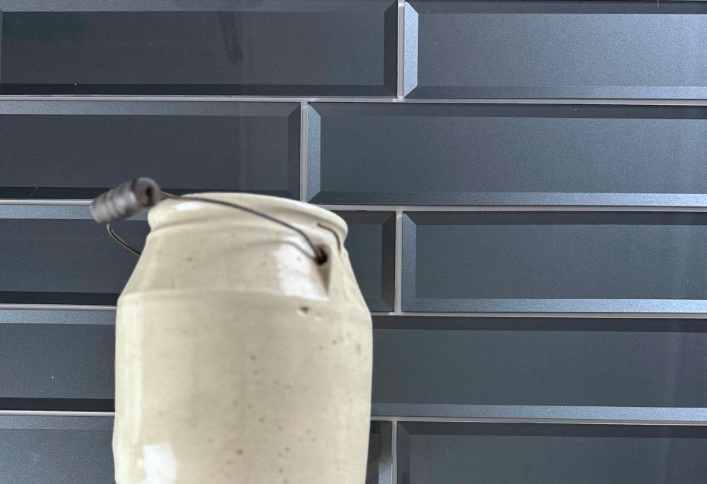 Forever 4"x16" Reverse Bevel Glass Subway Tile,Glossy Gray, Piece