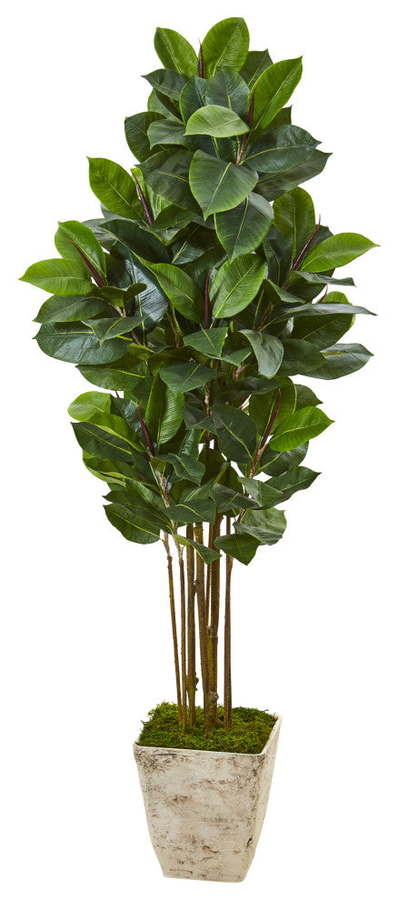 63" Rubber Leaf Artificial Tree, Country White Planter