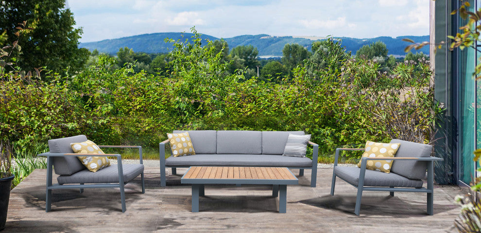 Nofi 4-Piece Outdoor Patio Set, Gray Powder Coated Finish With Gray Cushions