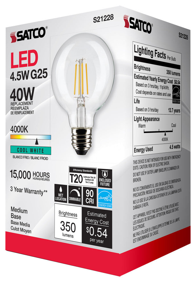 4.5W G25 LED, Clear, Medium Base, 90 CRI, 4000K, 120V