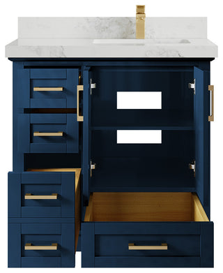 Boston 36 Right Offset Bath Vanity in Navy Blue 2" Calacatta Nuvo