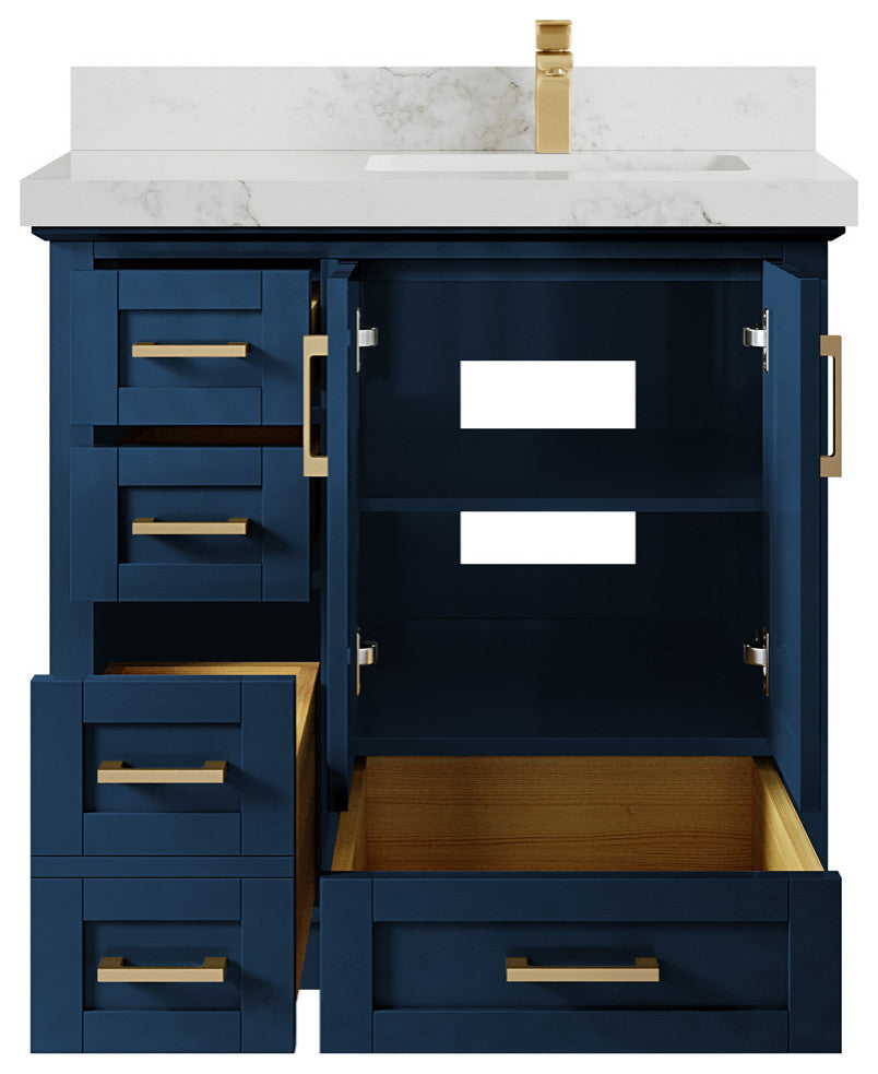Boston 36 Right Offset Bath Vanity in Navy Blue 2" Calacatta Nuvo