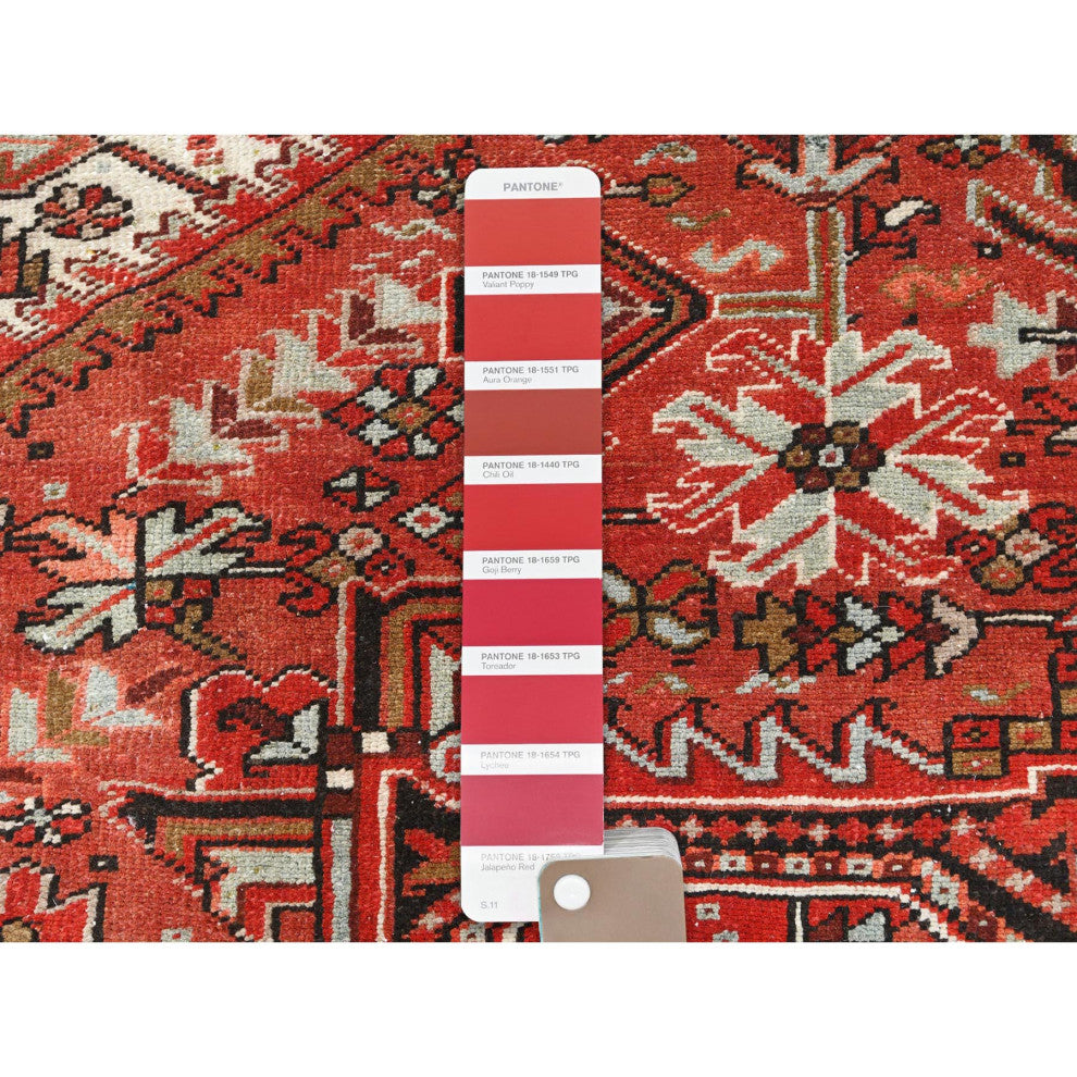 Tomato Red Hand KnottedVintage Persian Heriz Worn Down Oriental Rug 9'9"x12'4"