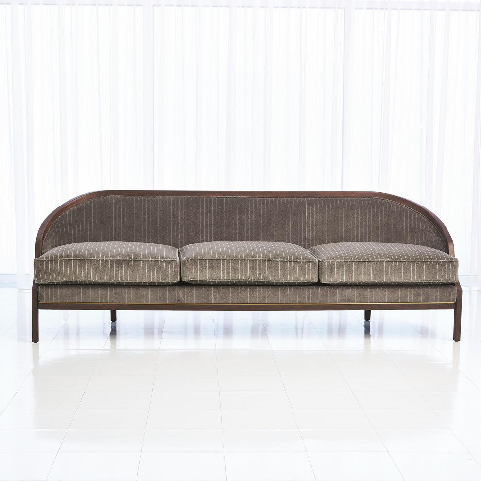 Elegant Pinstripe Gray 3 Seat Sofa Exposed Wood Velvet Curved Back Contemporary