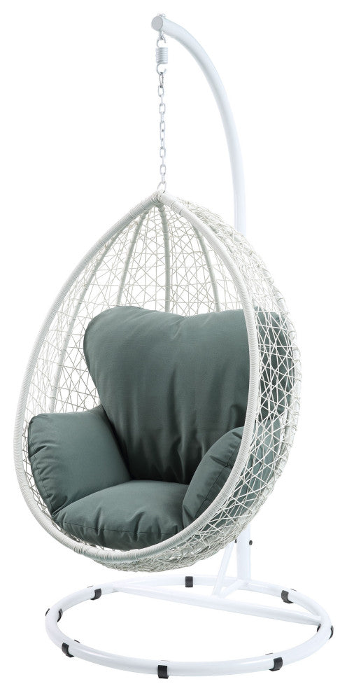 38" White Metal Swing Chair With Green Cushion