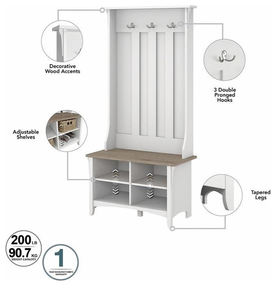 Bush Furniture Salinas Hall Tree with Shoe Storage Bench in White/Shiplap