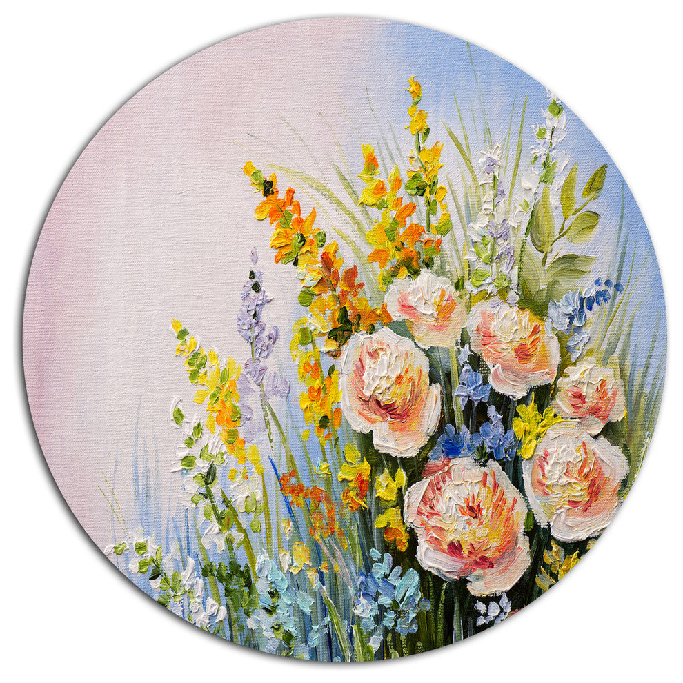 Abstract Bouquet Of Summer Flowers, Flower Disc Metal Wall Art, 23"