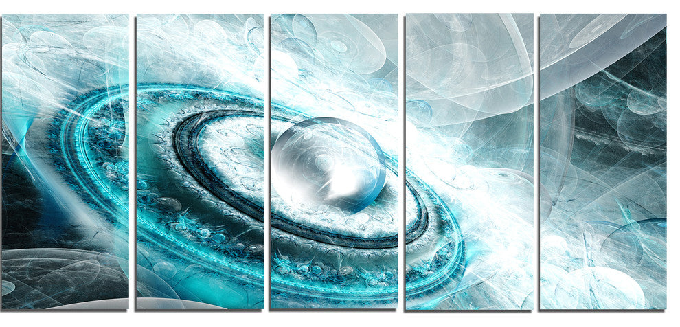 Blue Fractal Flying Saucer, Floral Canvas Art Print, 60"x28", 5 Panels