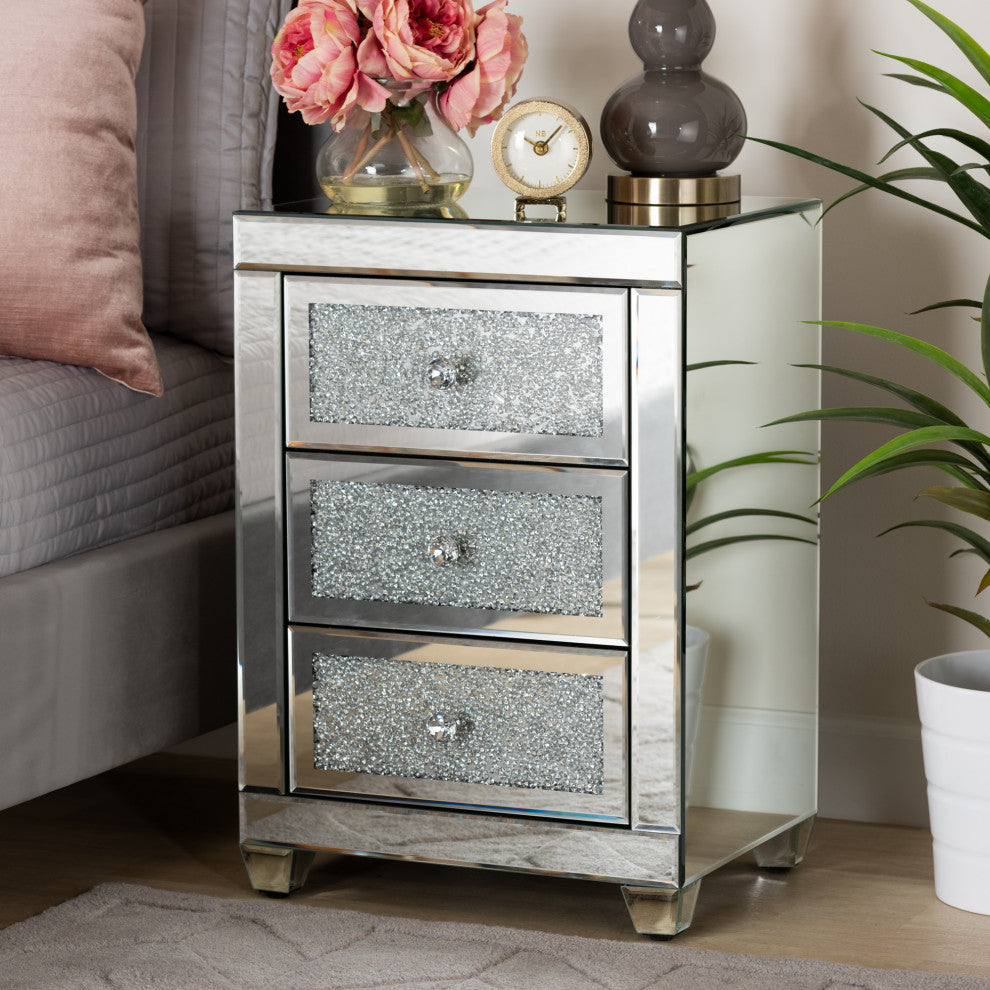 Ralston Contemporary Glam and Luxe Mirrored 3-Drawer Nightstand