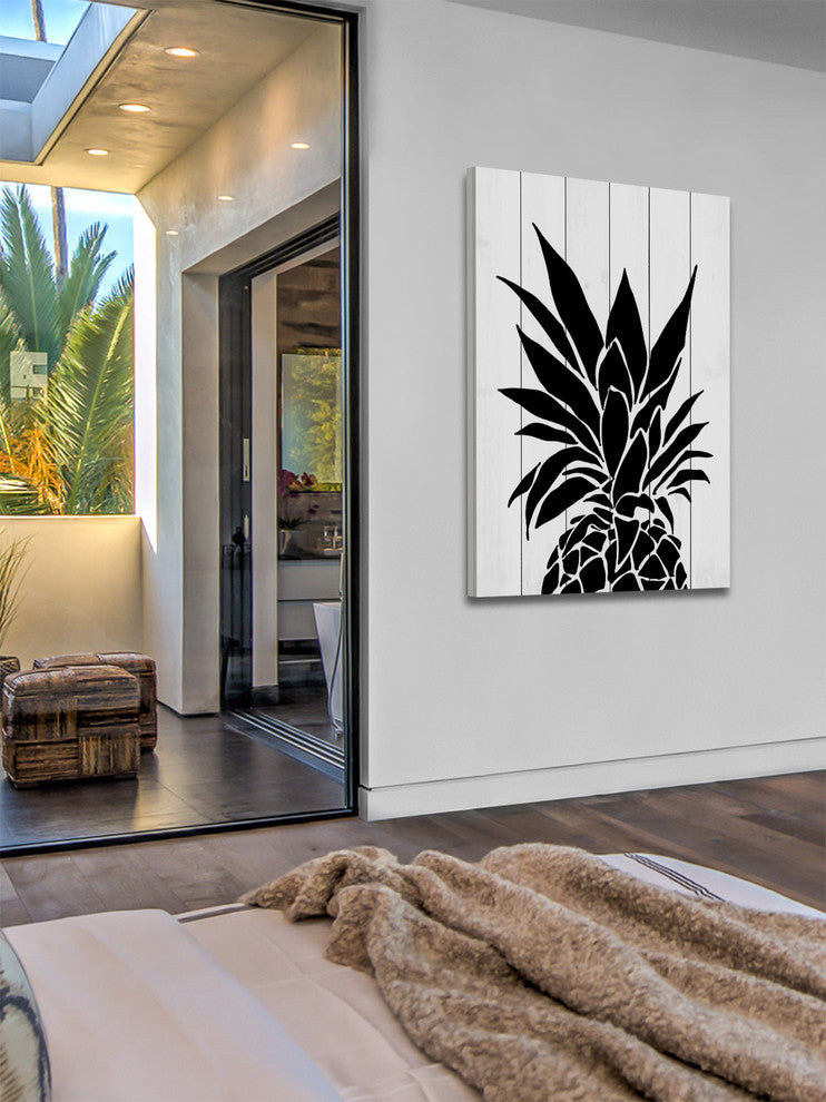 "Black Pineapple" Painting Print on White Wood