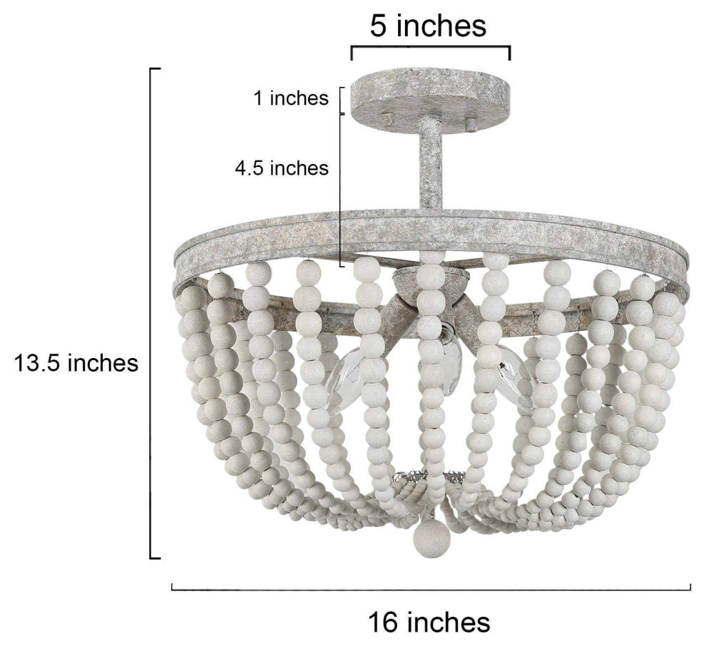 LNC 3 Light Vintage Beaded with White Wooden Beads, Semi-Flush Ceiling Light