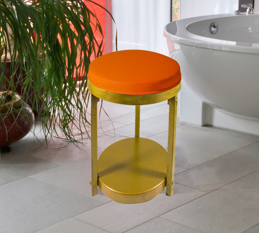 Gold Steel Metal Round Stool with Reversible Cushion, Orange/Yellow