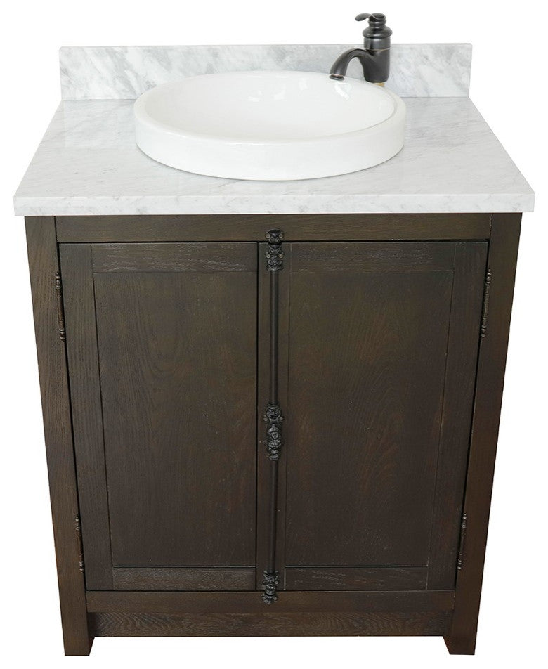 30" Single Vanity, Brown Ash, White Carrara Top, Round Sink