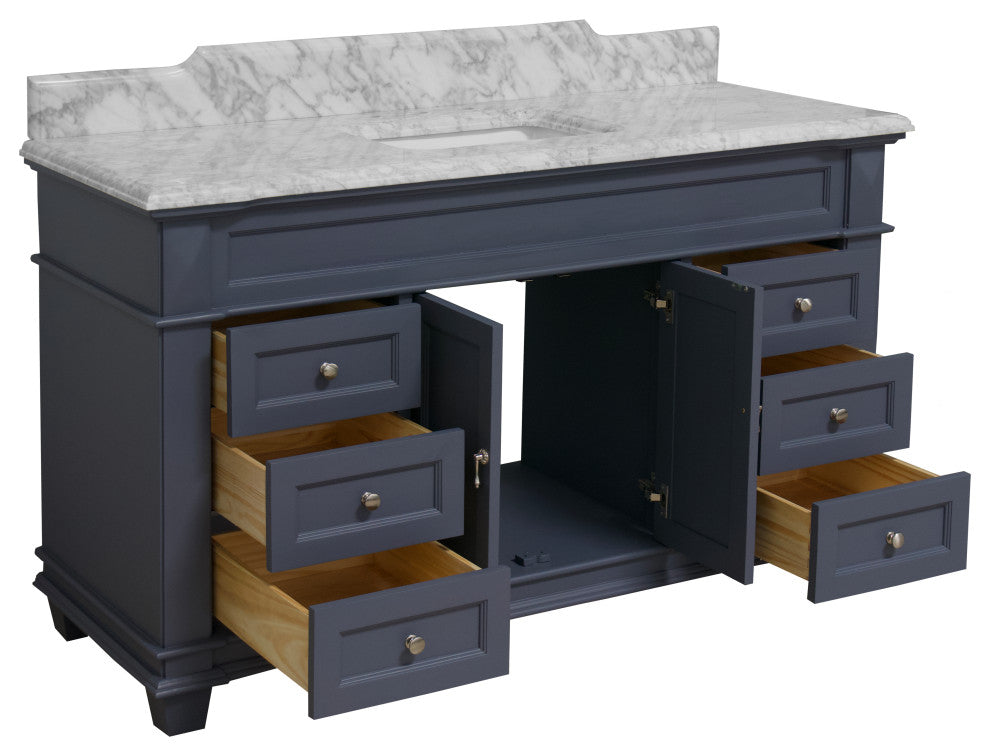 Elizabeth 60" Bathroom Vanity, Base: Marine Gray, Top: Carrara Marble, Single Vanity