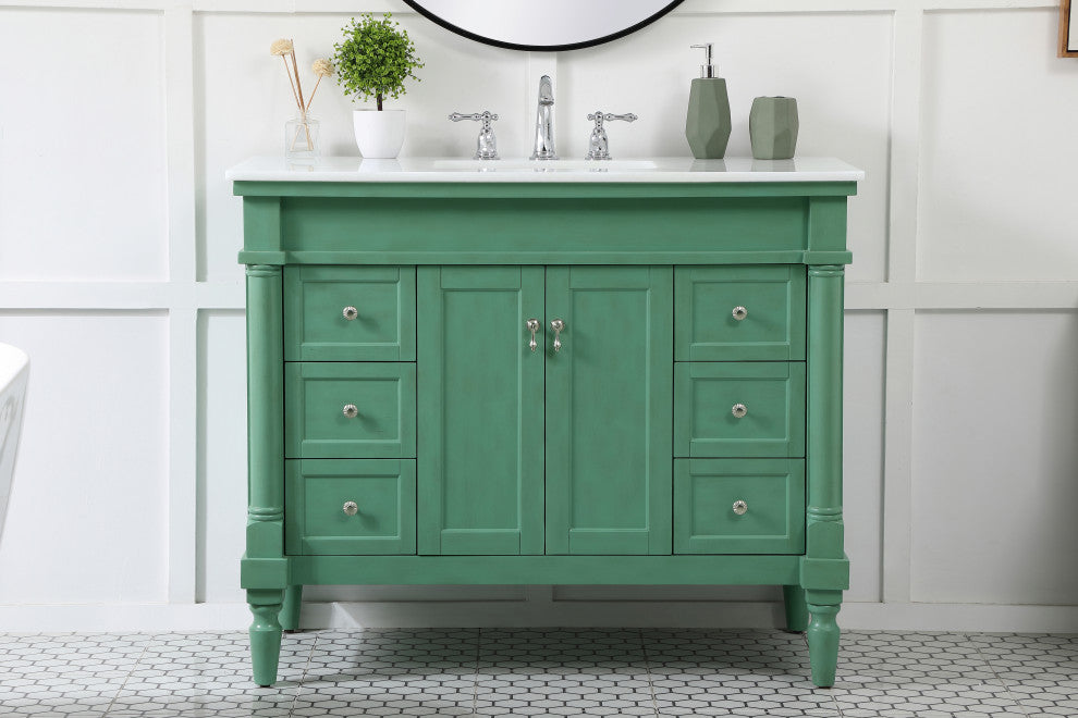 42" Single Bathroom Vanity, Vintage Mint With Ivory White Engineered Marble