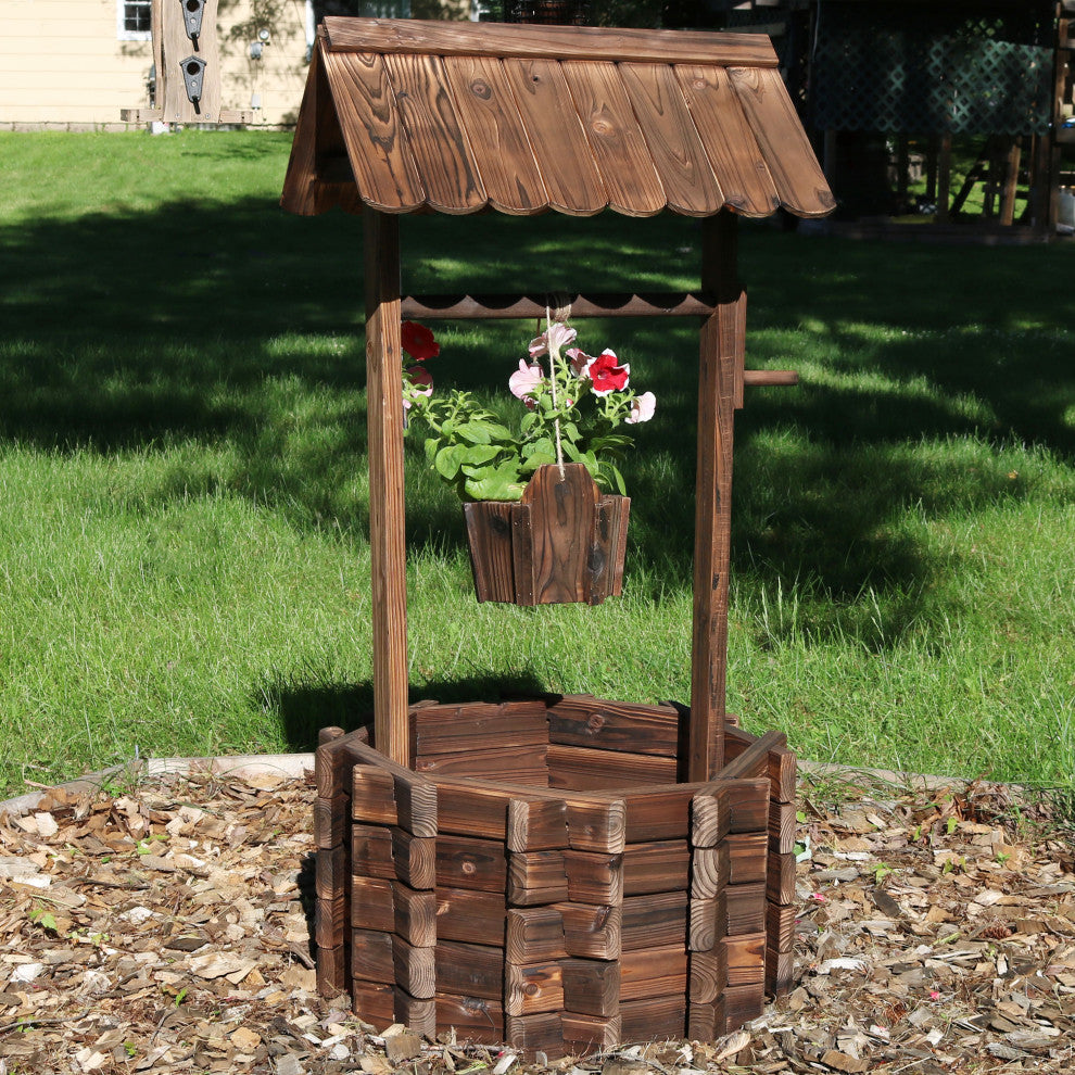 Sunnydaze 2-Tier Wooden Wishing Well Outdoor Patio Garden Planter, 45"
