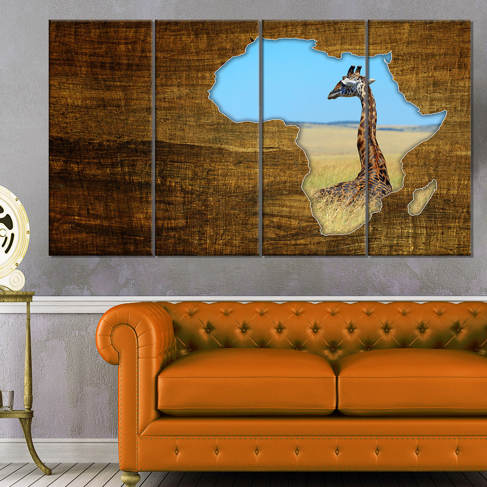 Africa Wildlife Map Design, Abstract Canvas Artwork, 48"x28", 4 Panels
