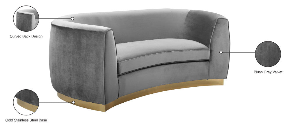 Julian Velvet Upholstered Loveseat, Gray, Gold Base
