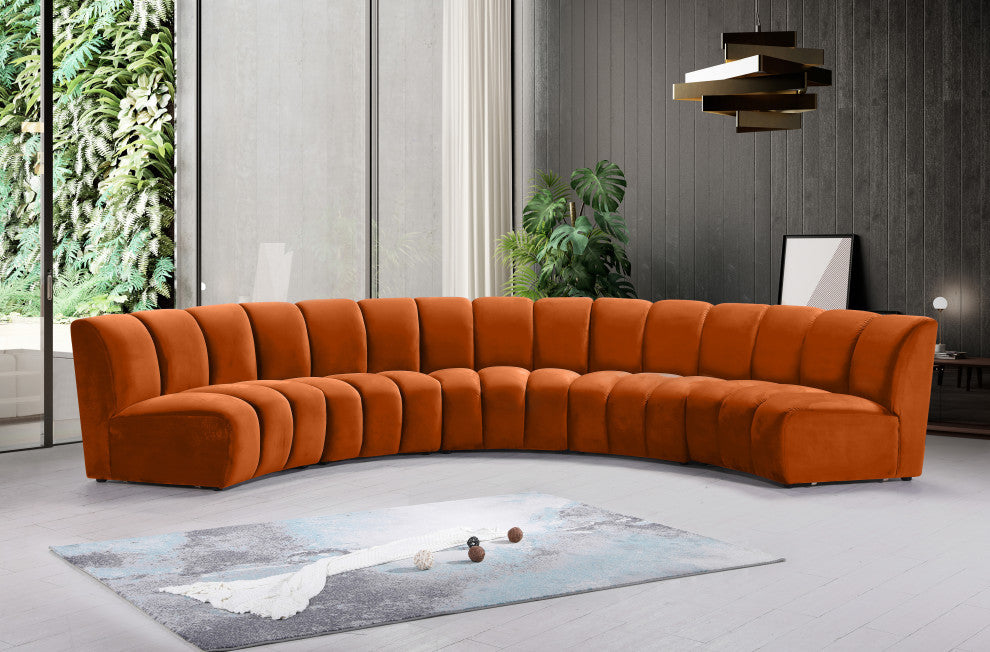 Infinity Channel Tufted Velvet Modular Chair, Cognac, 5 Piece