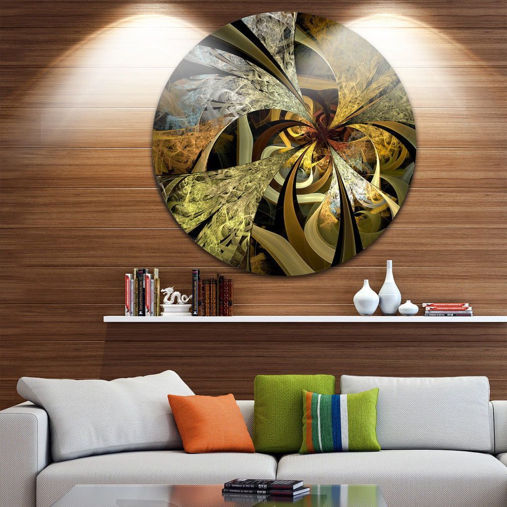 Symmetrical White Golden Fractal Flower, Floral Disc Metal Artwork, 23"