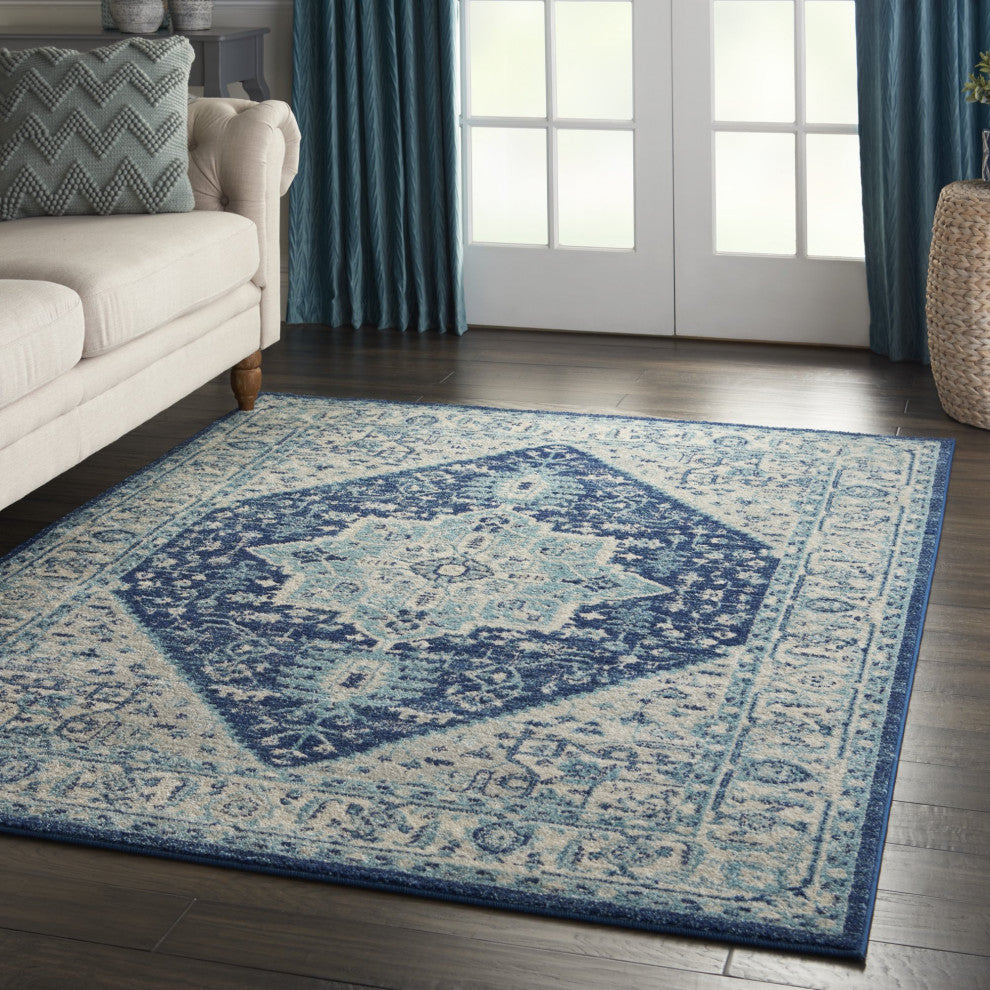 Vintage Area Rug, Classic Medallion Pattern, Ivory/Navy, 6' X 9'