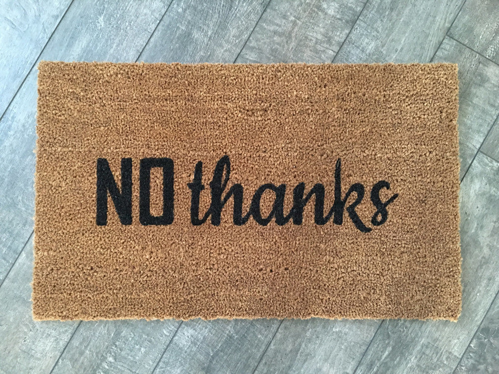 Hand Painted "No Thanks" Welcome Mat, Amazon Dark Green