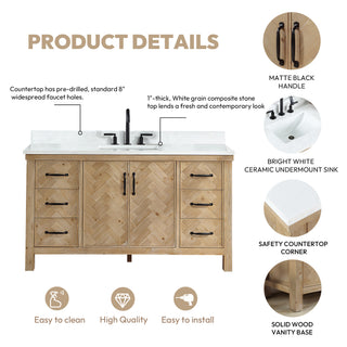 Javier Bath Vanity, Composite Stone Top, Antique Brown, 60", Single Vanity, No Mirror