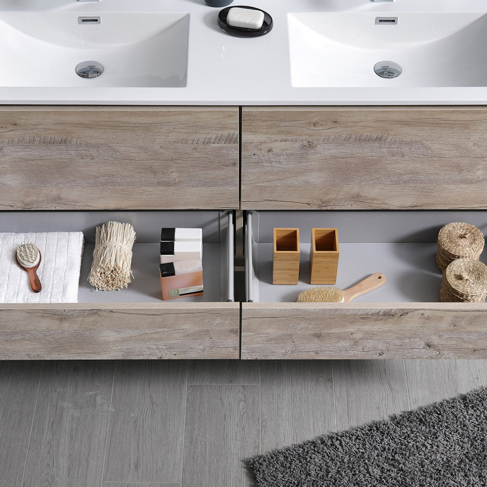 Fresca Catania 60" Natural Wood Wall Hung Double Sink Vanity, Medicine Cabinet