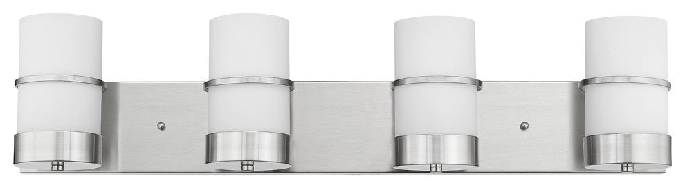 PENELOPE Contemporary 4 Light Brushed Nickel Bath Vanity Light Etched White Glas