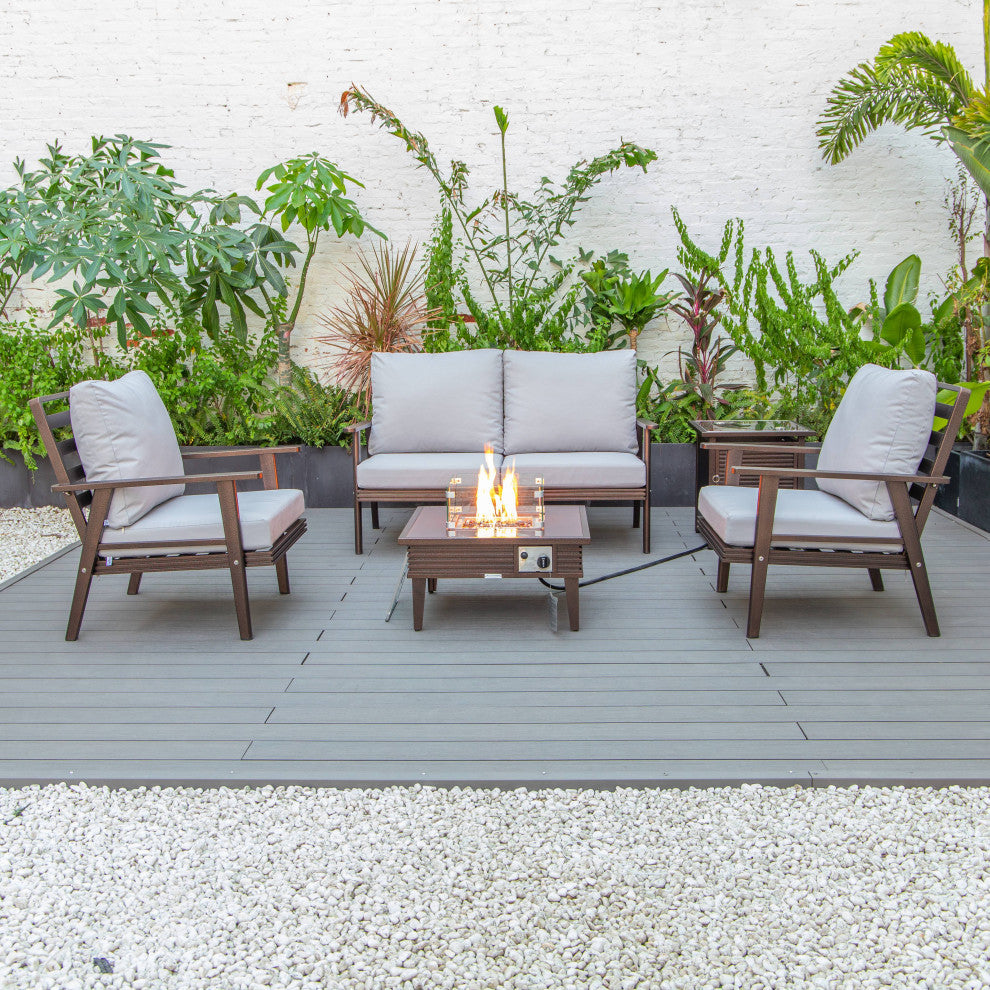 LeisureMod Walbrooke Patio Conversation Set With Fire Pit Table, Light Grey
